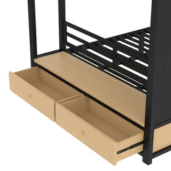 Bellemave® Bunk Bed Queen Over Queen,Metal Bunk Bed with Shelf, Guardrails, Storage Drawers & Clothes Hooks for Kids, Teens & Adults（Black） - Bellemave