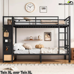 Bellemave® Bunk Bed Queen Over Queen,Metal Bunk Bed with Shelf, Guardrails, Storage Drawers & Clothes Hooks for Kids, Teens & Adults（Black） - Bellemave
