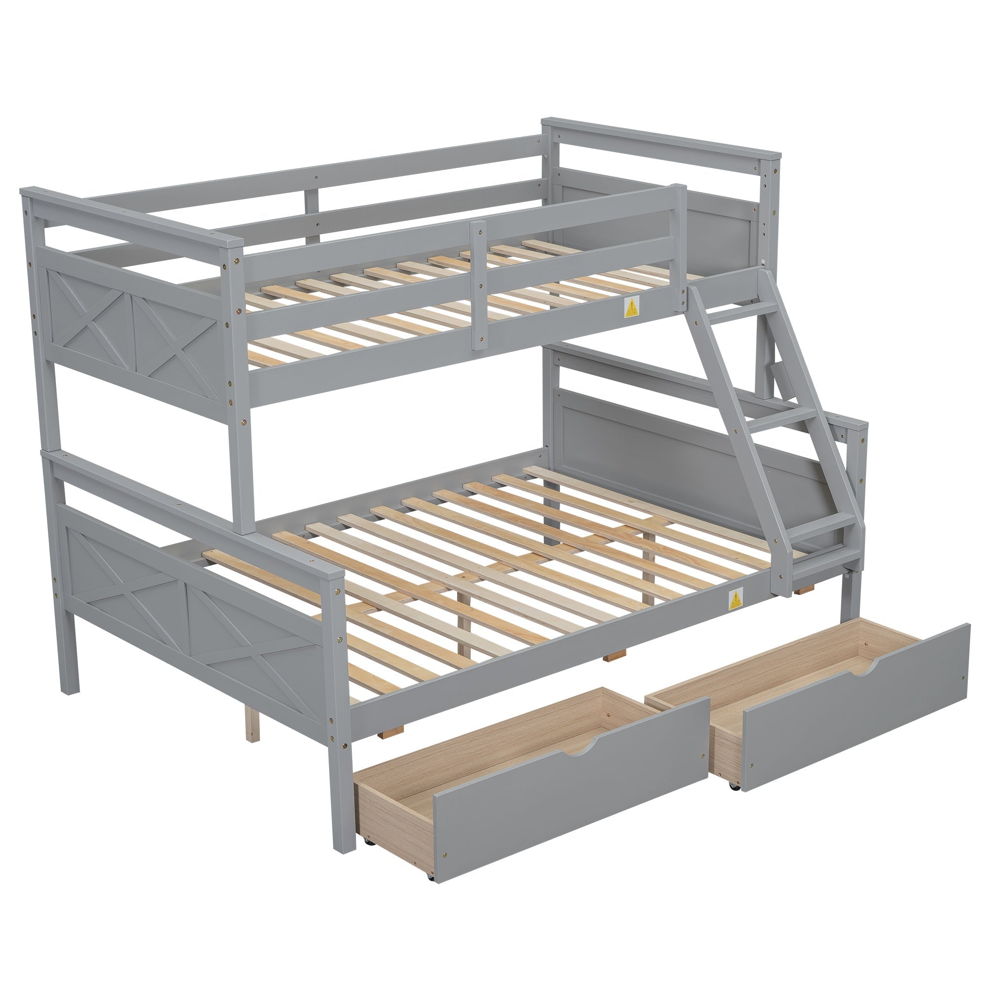 Bellemave® Bunk Bed Twin Over Full, Twin Over Full Bunk Beds with Storage Drawers, Wood Bunk Bed Frame with Guardrail and Ladder for Kids Boys Girls Teens, Can be Convertible to 2 Beds, Grey - Bellemave