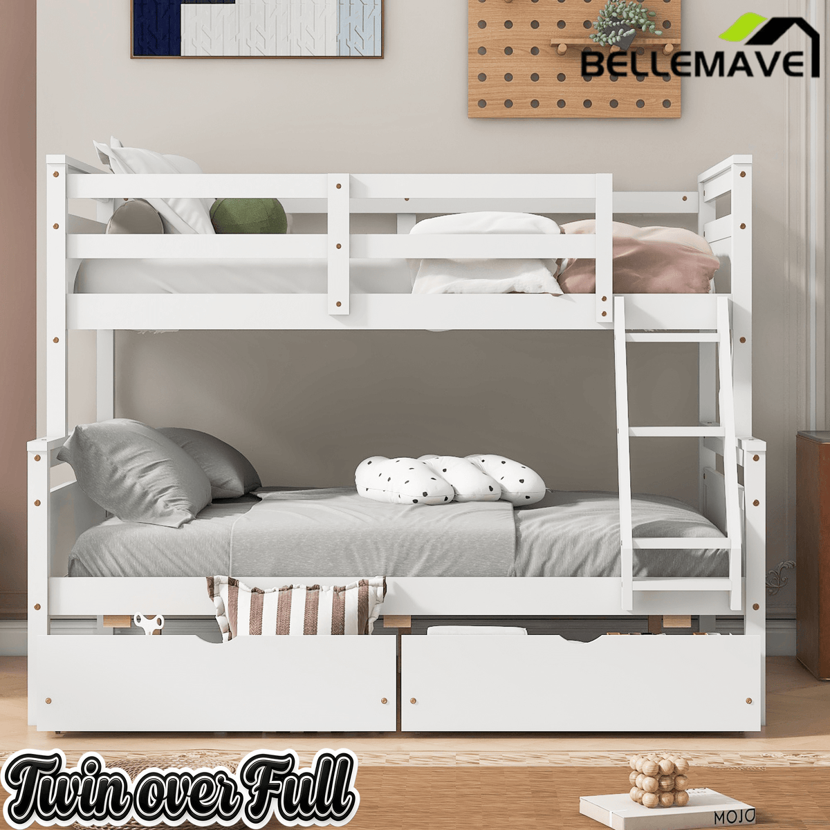 Bellemave® Bunk Bed Twin Over Full, Twin Over Full Bunk Beds with Storage Drawers, Wood Bunk Bed Frame with Guardrail and Ladder for Kids Boys Girls Teens, Can be Convertible to 2 Beds, Grey - Bellemave
