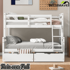 Bellemave® Bunk Bed Twin Over Full, Twin Over Full Bunk Beds with Storage Drawers, Wood Bunk Bed Frame with Guardrail and Ladder for Kids Boys Girls Teens, Can be Convertible to 2 Beds, Grey - Bellemave