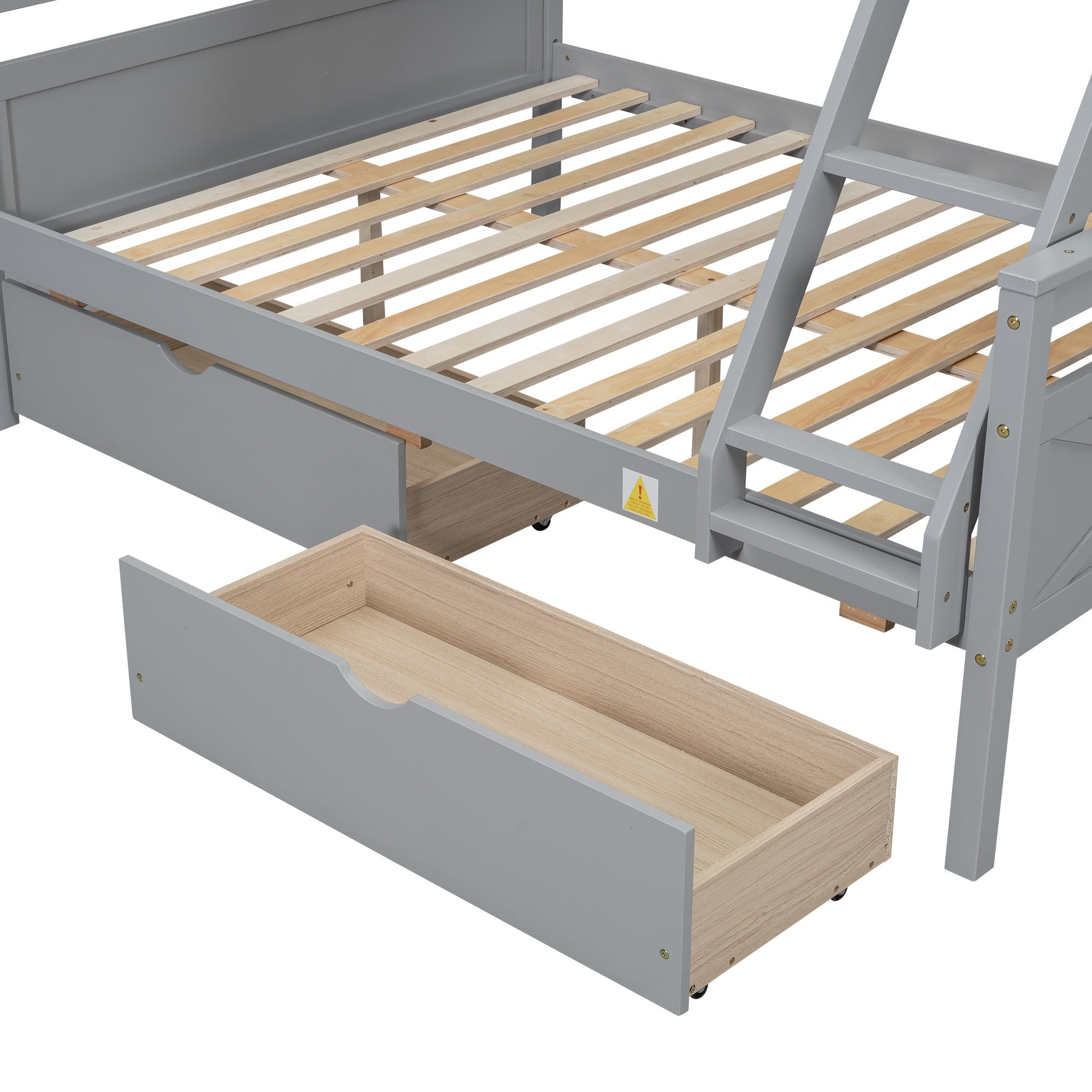 Bellemave® Bunk Bed Twin Over Full, Twin Over Full Bunk Beds with Storage Drawers, Wood Bunk Bed Frame with Guardrail and Ladder for Kids Boys Girls Teens, Can be Convertible to 2 Beds, Grey - Bellemave