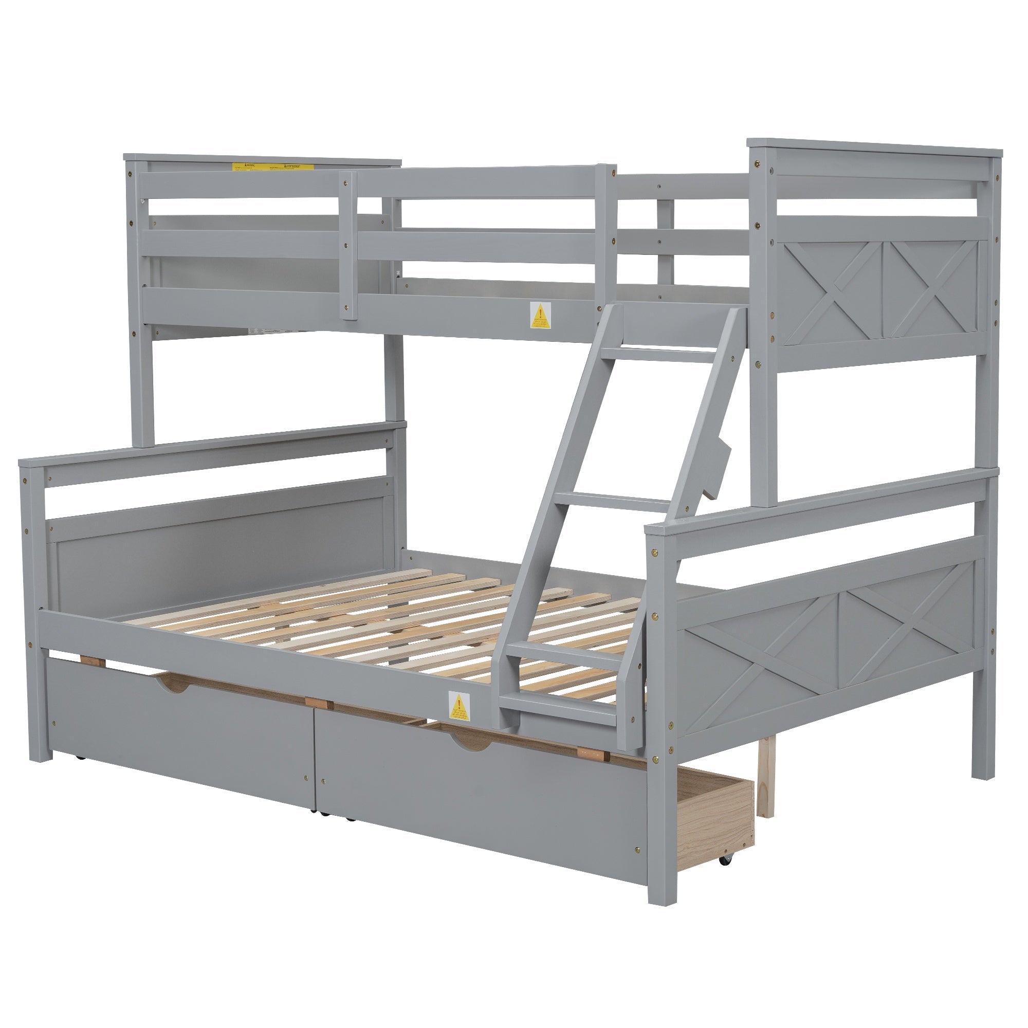 Bellemave® Bunk Bed Twin Over Full, Twin Over Full Bunk Beds with Storage Drawers, Wood Bunk Bed Frame with Guardrail and Ladder for Kids Boys Girls Teens, Can be Convertible to 2 Beds, Grey - Bellemave