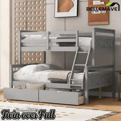 Bellemave® Bunk Bed Twin Over Full, Twin Over Full Bunk Beds with Storage Drawers, Wood Bunk Bed Frame with Guardrail and Ladder for Kids Boys Girls Teens, Can be Convertible to 2 Beds, Grey - Bellemave