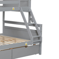Bellemave® Bunk Bed Twin Over Full, Twin Over Full Bunk Beds with Storage Drawers, Wood Bunk Bed Frame with Guardrail and Ladder for Kids Boys Girls Teens, Can be Convertible to 2 Beds, Grey - Bellemave