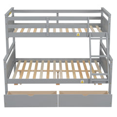 Bellemave® Bunk Bed Twin Over Full, Twin Over Full Bunk Beds with Storage Drawers, Wood Bunk Bed Frame with Guardrail and Ladder for Kids Boys Girls Teens, Can be Convertible to 2 Beds, Grey - Bellemave
