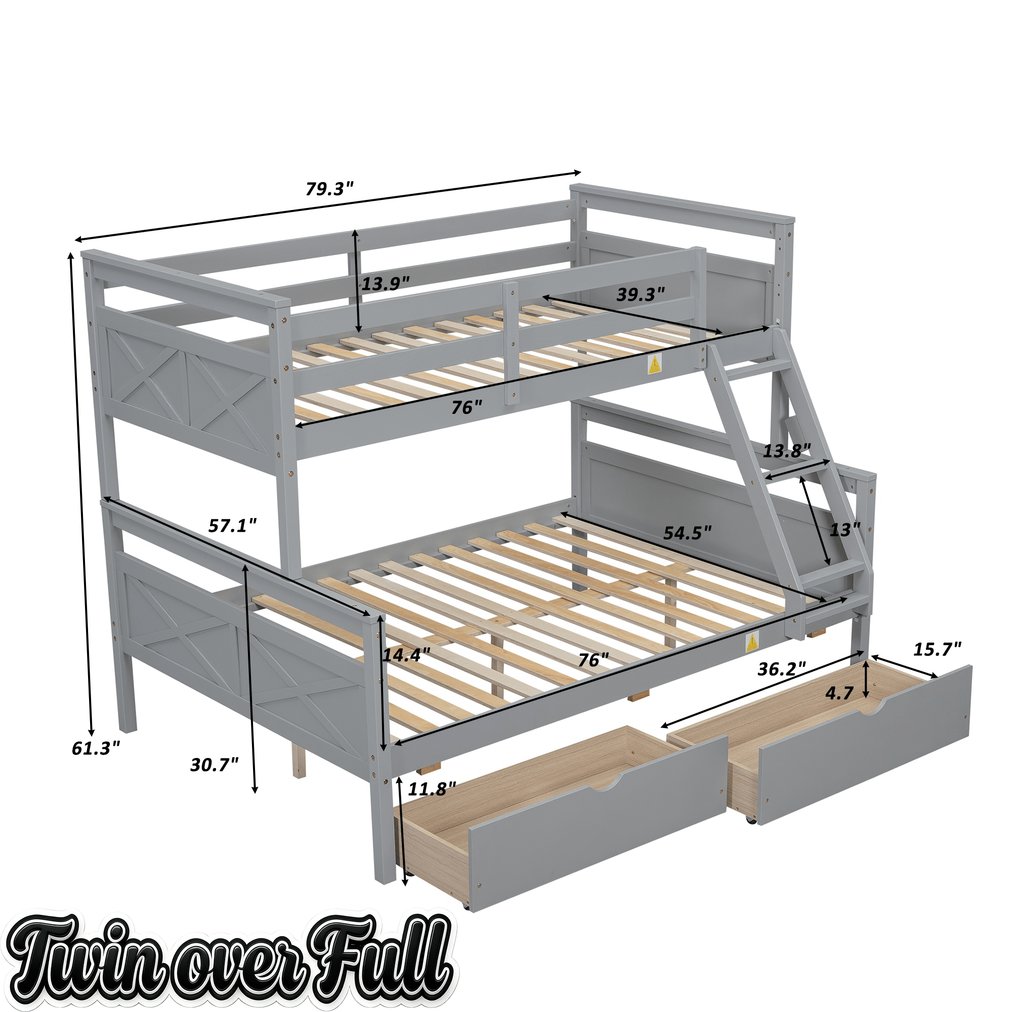 Bellemave® Bunk Bed Twin Over Full, Twin Over Full Bunk Beds with Storage Drawers, Wood Bunk Bed Frame with Guardrail and Ladder for Kids Boys Girls Teens, Can be Convertible to 2 Beds, Grey - Bellemave