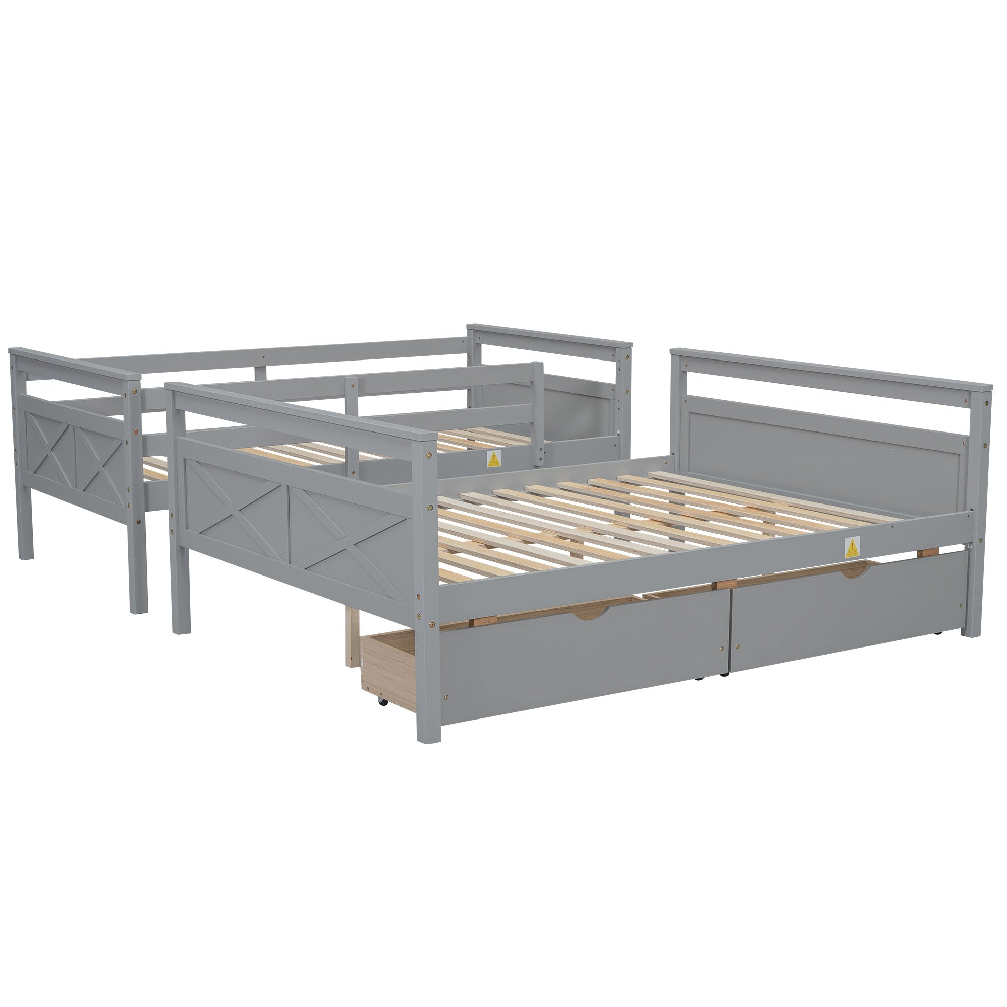 Bellemave® Bunk Bed Twin Over Full, Twin Over Full Bunk Beds with Storage Drawers, Wood Bunk Bed Frame with Guardrail and Ladder for Kids Boys Girls Teens, Can be Convertible to 2 Beds, Grey - Bellemave