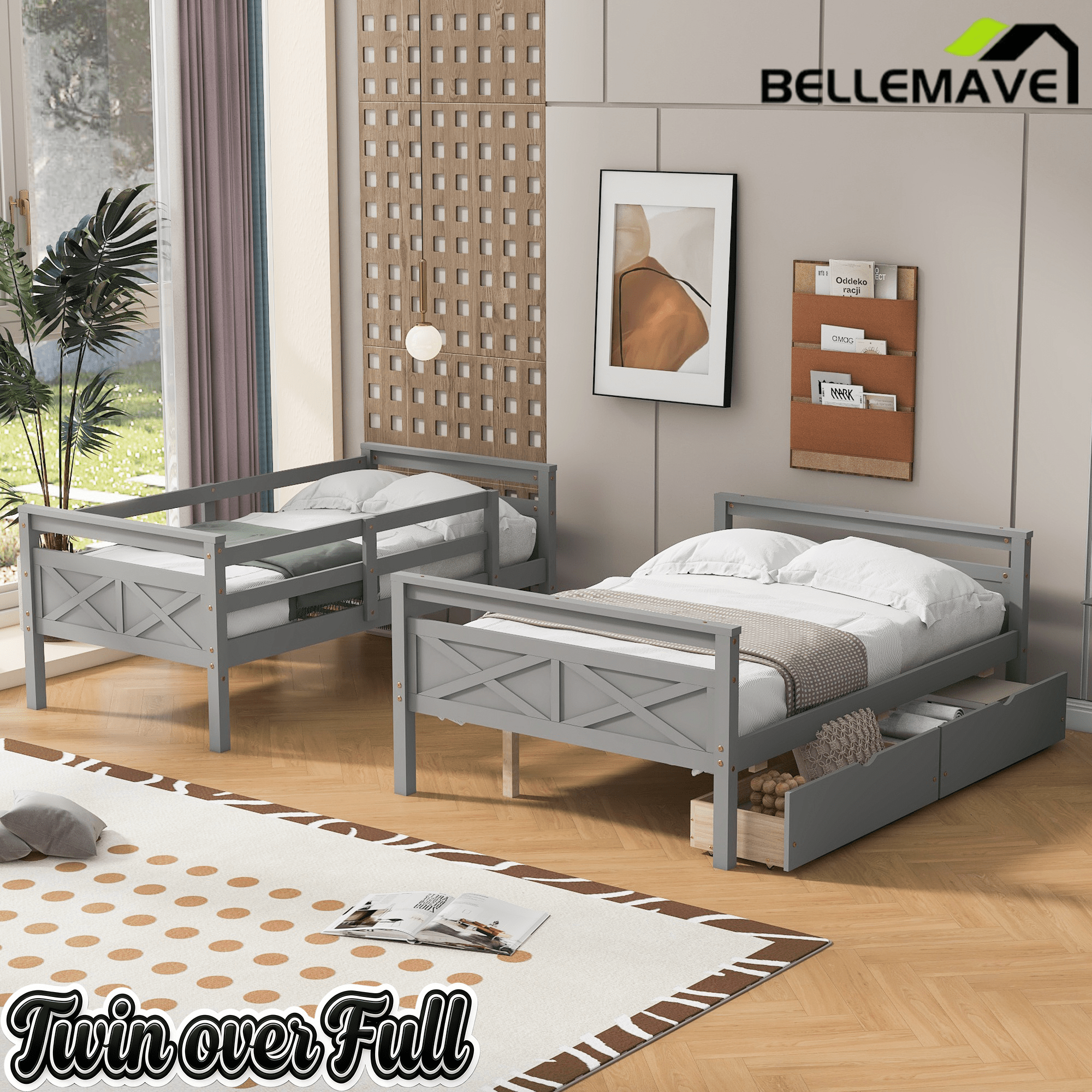Bellemave® Bunk Bed Twin Over Full, Twin Over Full Bunk Beds with Storage Drawers, Wood Bunk Bed Frame with Guardrail and Ladder for Kids Boys Girls Teens, Can be Convertible to 2 Beds, Grey - Bellemave