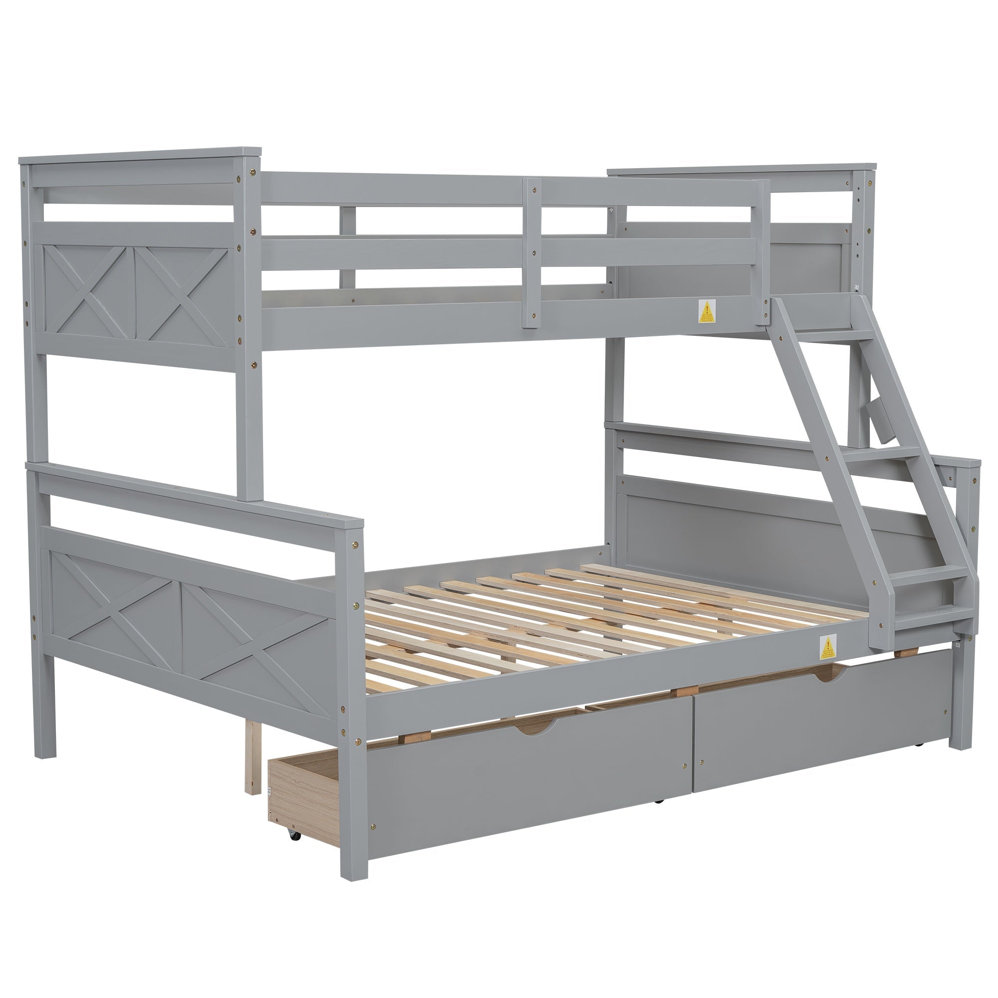 Bellemave® Bunk Bed Twin Over Full, Twin Over Full Bunk Beds with Storage Drawers, Wood Bunk Bed Frame with Guardrail and Ladder for Kids Boys Girls Teens, Can be Convertible to 2 Beds, Grey - Bellemave
