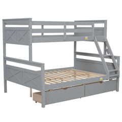 Bellemave® Bunk Bed Twin Over Full, Twin Over Full Bunk Beds with Storage Drawers, Wood Bunk Bed Frame with Guardrail and Ladder for Kids Boys Girls Teens, Can be Convertible to 2 Beds, Grey - Bellemave