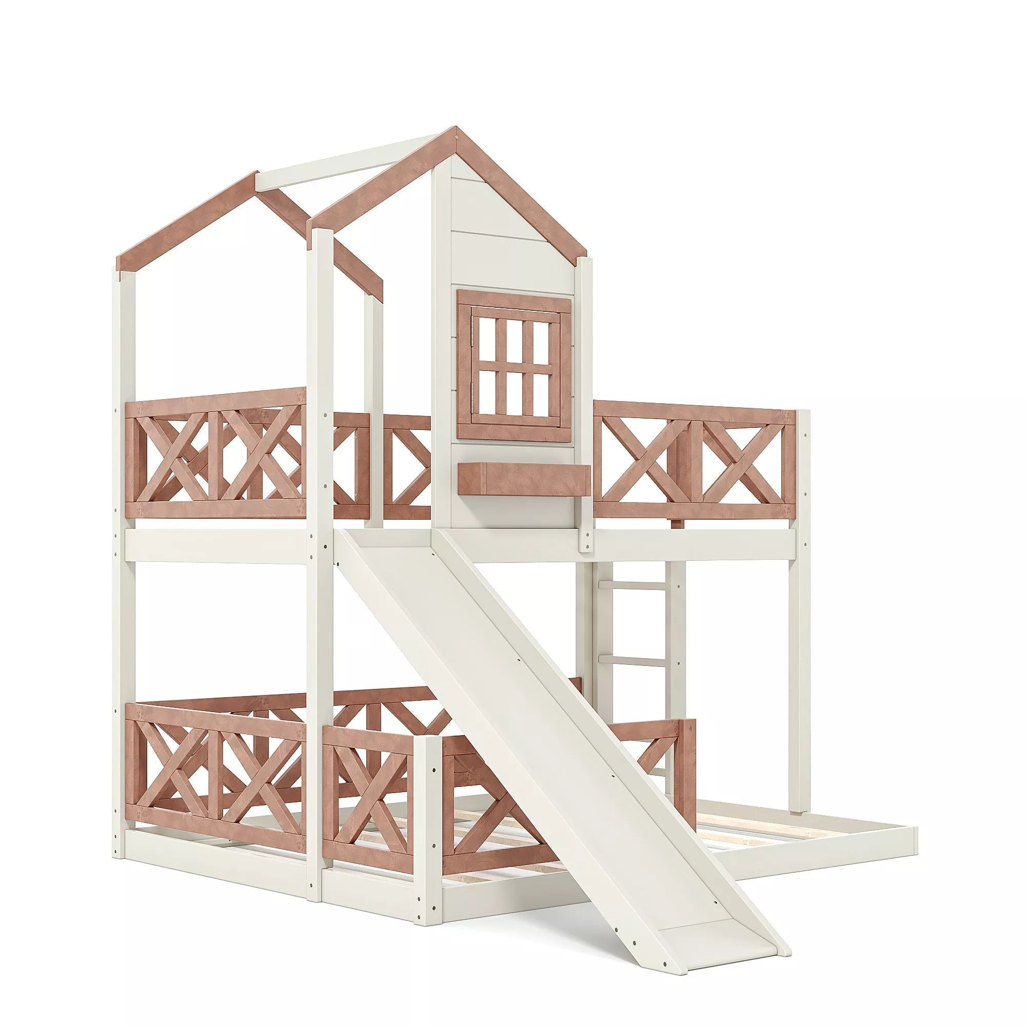 Bellemave® Bunk Bed Twin Over Full with Rail & Slide, House Bed for Kids, Floor Bunk bed with Fence - Bellemave