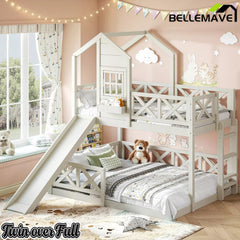 Bellemave® Bunk Bed Twin Over Full with Rail & Slide, House Bed for Kids, Floor Bunk bed with Fence - Bellemave