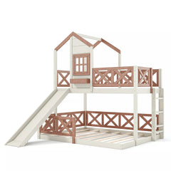 Bellemave® Bunk Bed Twin Over Full with Rail & Slide, House Bed for Kids, Floor Bunk bed with Fence - Bellemave