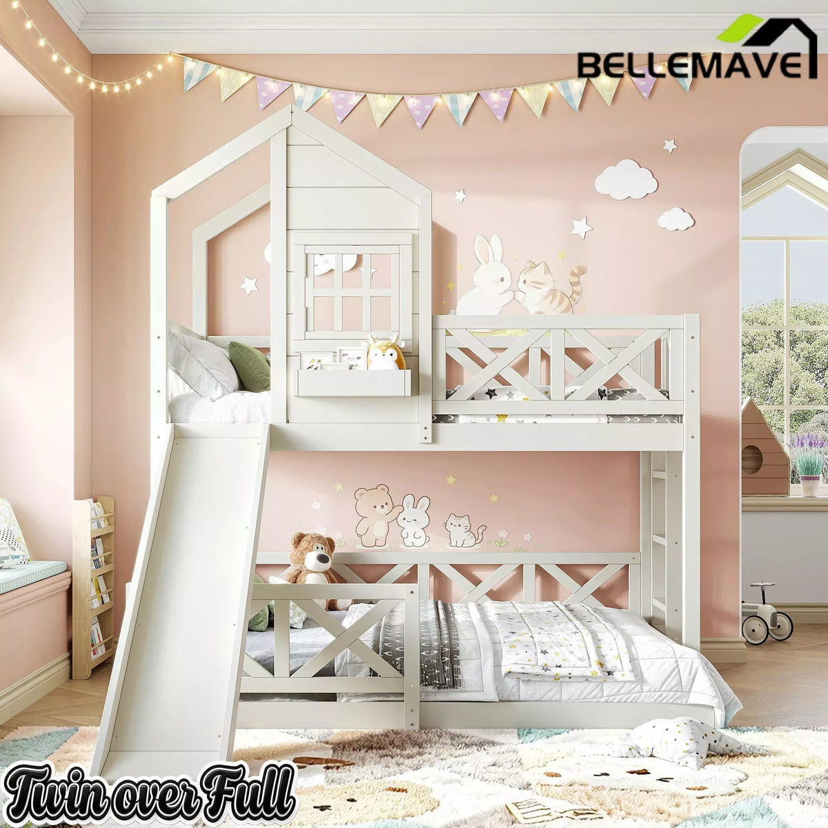 Bellemave® Bunk Bed Twin Over Full with Rail & Slide, House Bed for Kids, Floor Bunk bed with Fence - Bellemave