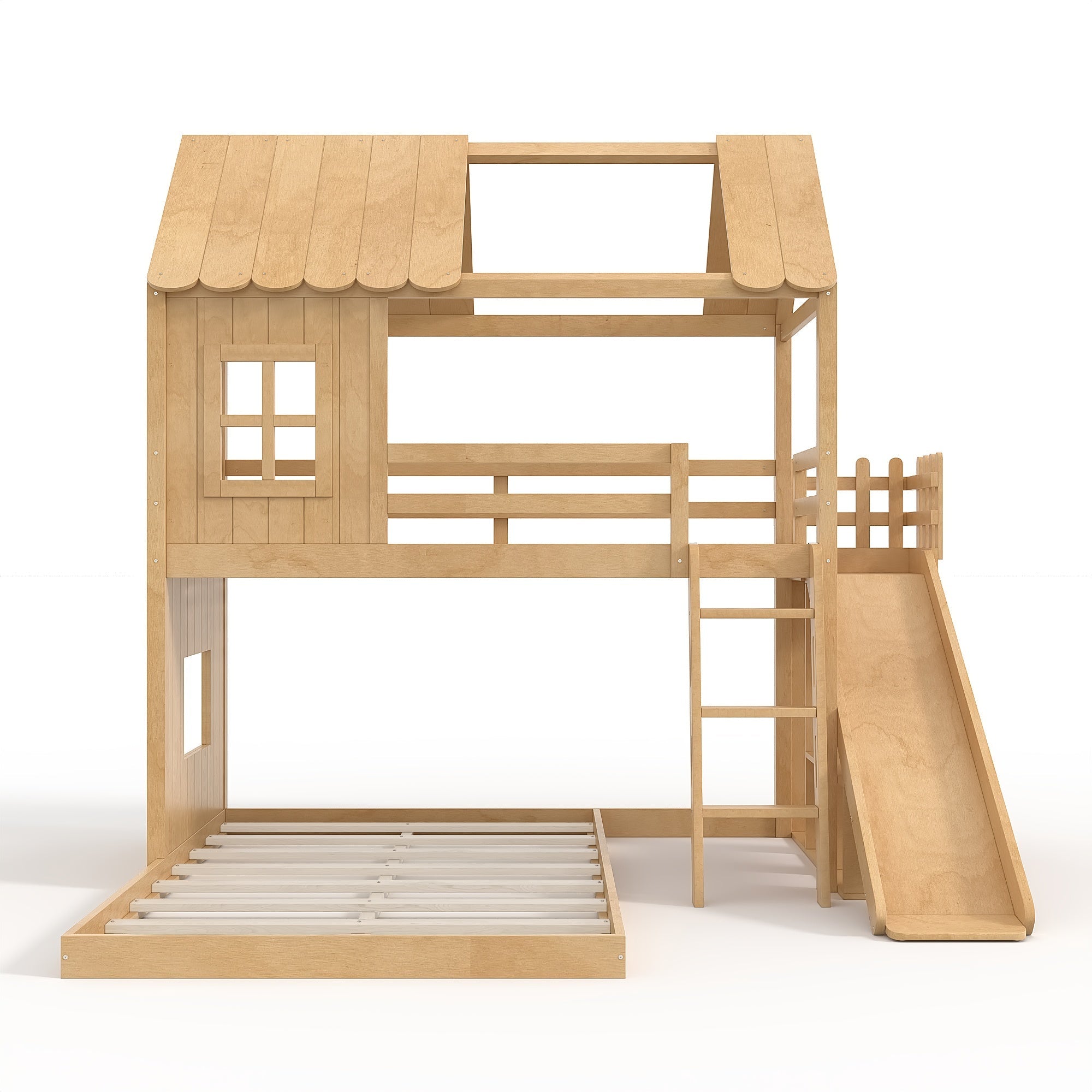 Bellemave® Bunk bed Twin Over Full with Slide,Ladders,Bookshelf & Wardrobe, House roof Design, Low bunk/loft Bed for Kids - Bellemave