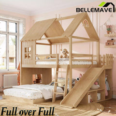Bellemave® Bunk bed Twin Over Full with Slide,Ladders,Bookshelf & Wardrobe, House roof Design, Low bunk/loft Bed for Kids - Bellemave
