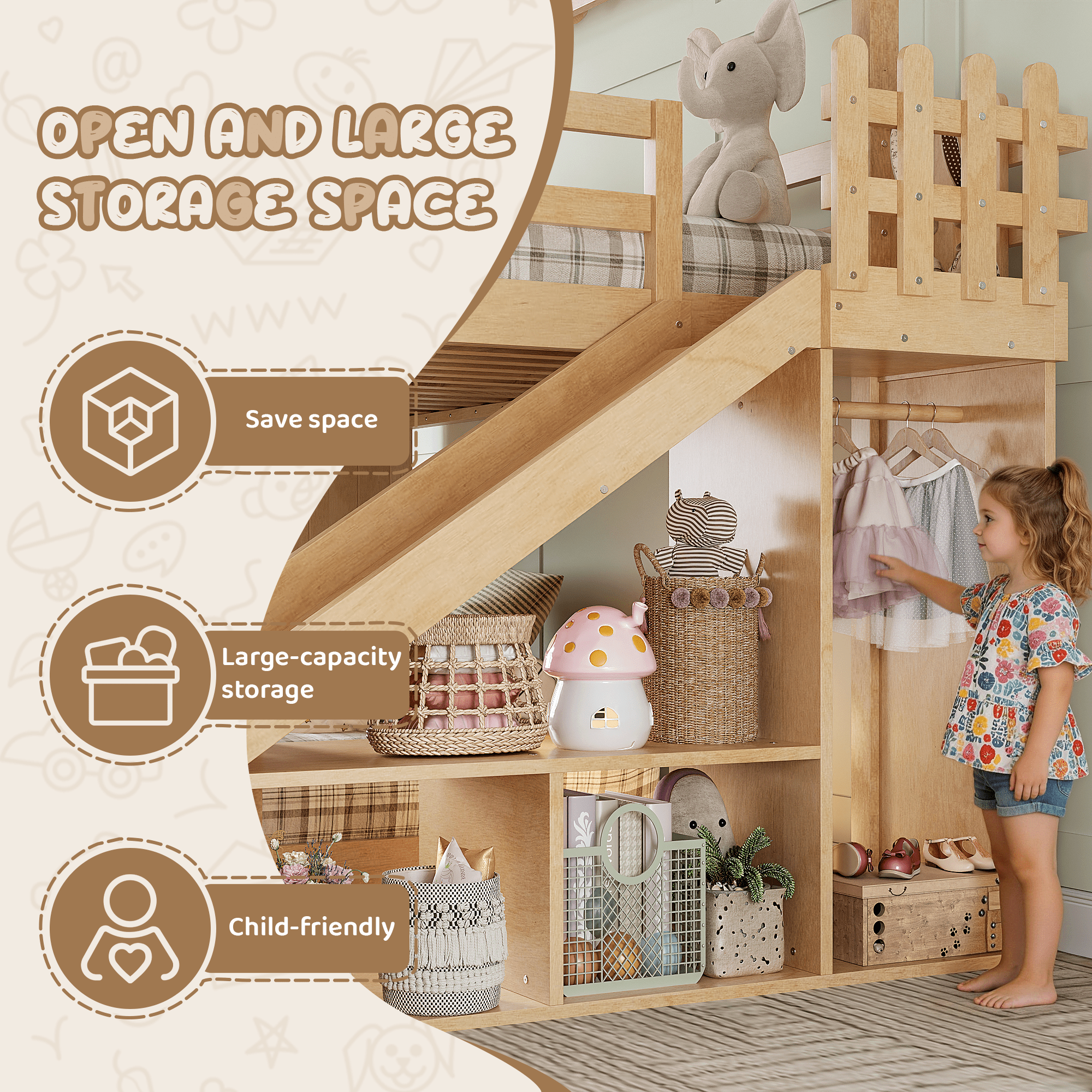 Bellemave® Bunk bed Twin Over Full with Slide,Ladders,Bookshelf & Wardrobe, House roof Design, Low bunk/loft Bed for Kids - Bellemave