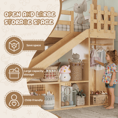 Bellemave® Bunk bed Twin Over Full with Slide,Ladders,Bookshelf & Wardrobe, House roof Design, Low bunk/loft Bed for Kids - Bellemave