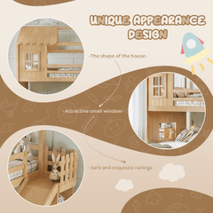 Bellemave® Bunk bed Twin Over Full with Slide,Ladders,Bookshelf & Wardrobe, House roof Design, Low bunk/loft Bed for Kids - Bellemave