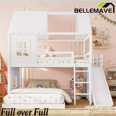 Bellemave® Bunk bed Twin Over Full with Slide,Ladders,Bookshelf & Wardrobe, House roof Design, Low bunk/loft Bed for Kids - Bellemave
