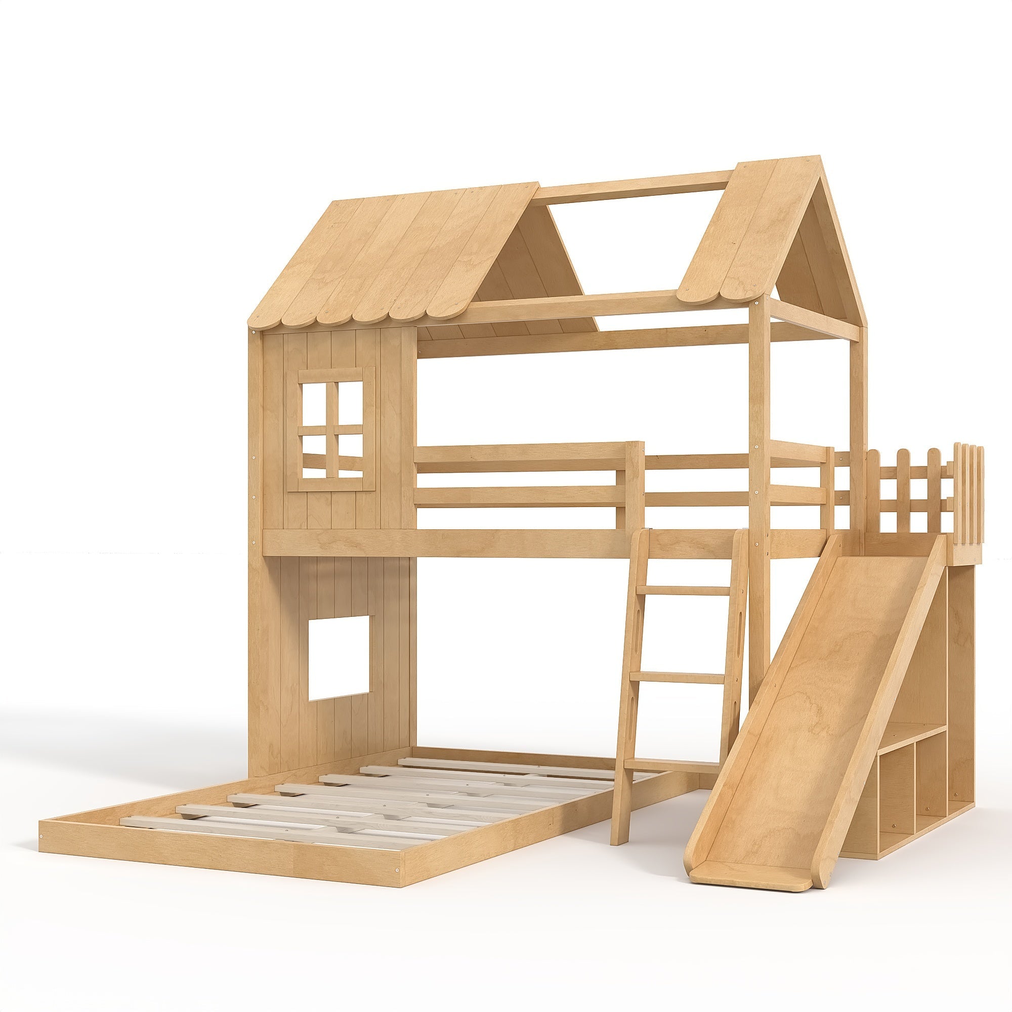 Bellemave® Bunk bed Twin Over Full with Slide,Ladders,Bookshelf & Wardrobe, House roof Design, Low bunk/loft Bed for Kids - Bellemave