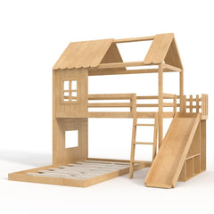 Bellemave® Bunk bed Twin Over Full with Slide,Ladders,Bookshelf & Wardrobe, House roof Design, Low bunk/loft Bed for Kids - Bellemave