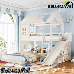 Bellemave® Bunk bed Twin Over Full with Slide,Ladders,Bookshelf & Wardrobe, House roof Design, Low bunk/loft Bed for Kids - Bellemave