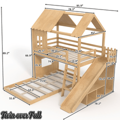 Bellemave® Bunk bed Twin Over Full with Slide,Ladders,Bookshelf & Wardrobe, House roof Design, Low bunk/loft Bed for Kids - Bellemave