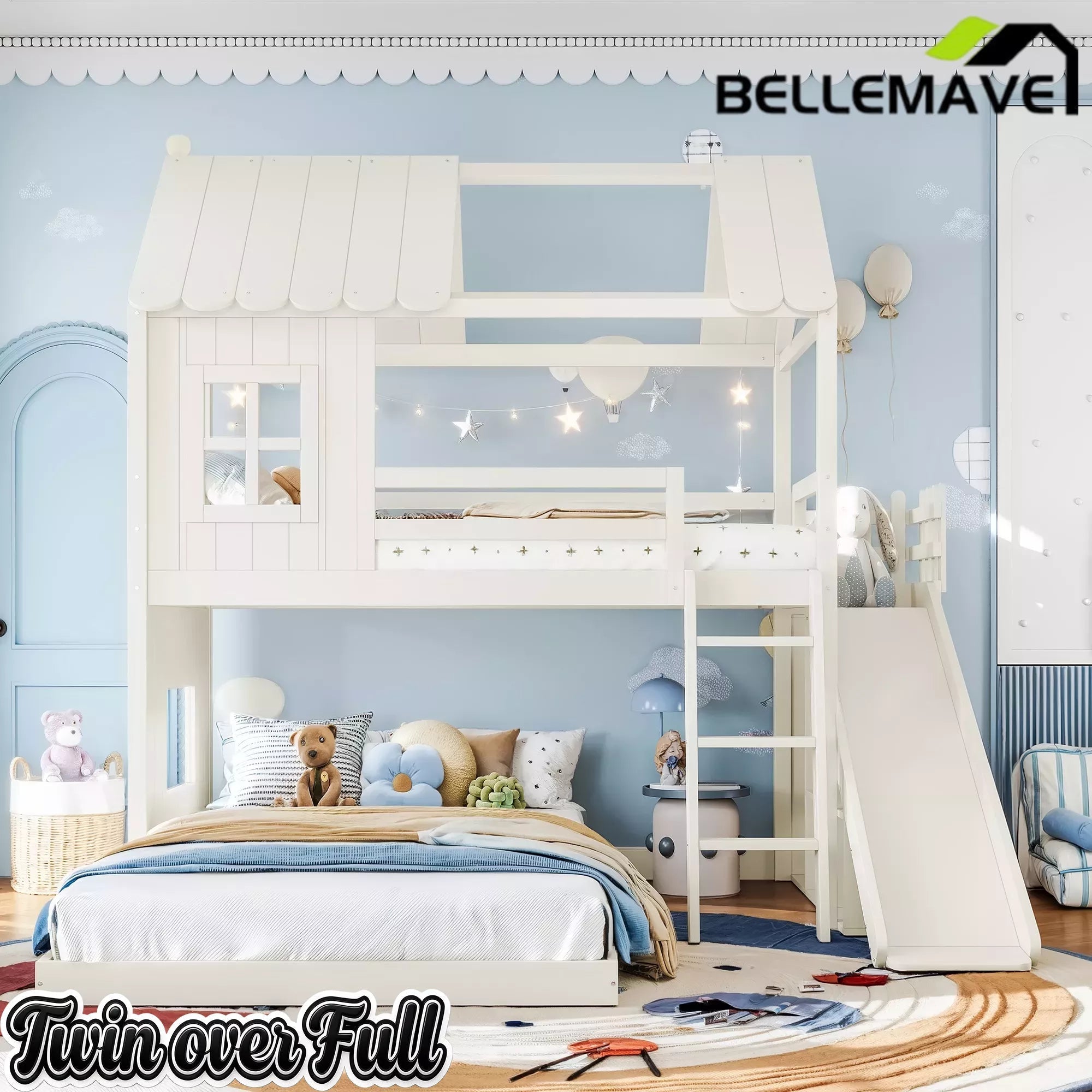 Bellemave® Bunk bed Twin Over Full with Slide,Ladders,Bookshelf & Wardrobe, House roof Design, Low bunk/loft Bed for Kids - Bellemave