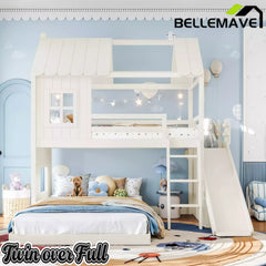 Bellemave® Bunk bed Twin Over Full with Slide,Ladders,Bookshelf & Wardrobe, House roof Design, Low bunk/loft Bed for Kids - Bellemave