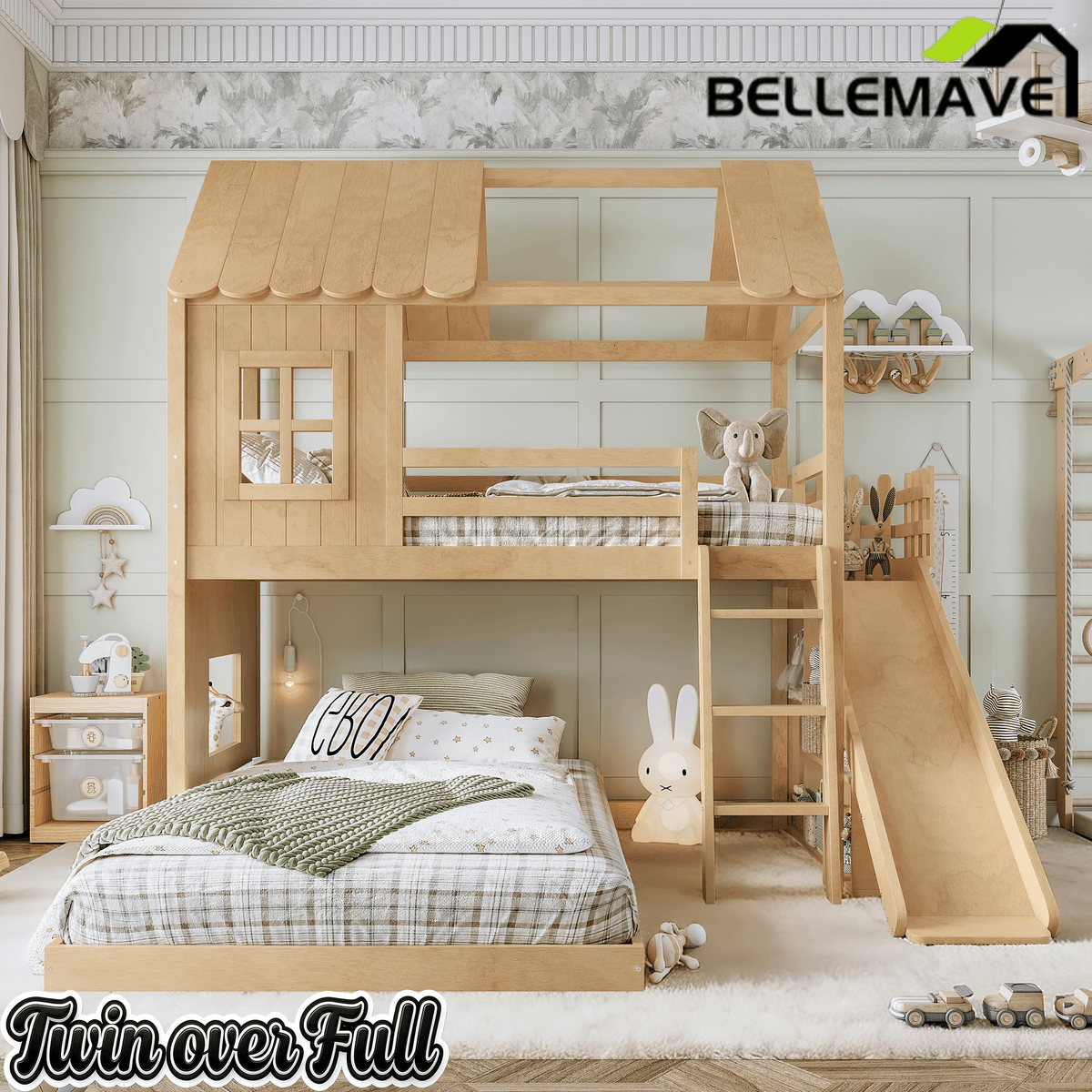 Bellemave® Bunk bed Twin Over Full with Slide,Ladders,Bookshelf & Wardrobe, House roof Design, Low bunk/loft Bed for Kids - Bellemave