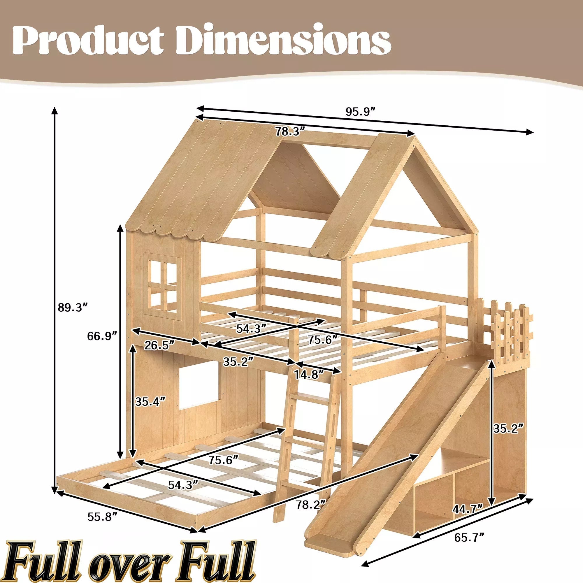 Bellemave® Bunk bed Twin Over Full with Slide,Ladders,Bookshelf & Wardrobe, House roof Design, Low bunk/loft Bed for Kids - Bellemave