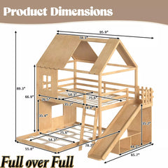 Bellemave® Bunk bed Twin Over Full with Slide,Ladders,Bookshelf & Wardrobe, House roof Design, Low bunk/loft Bed for Kids - Bellemave