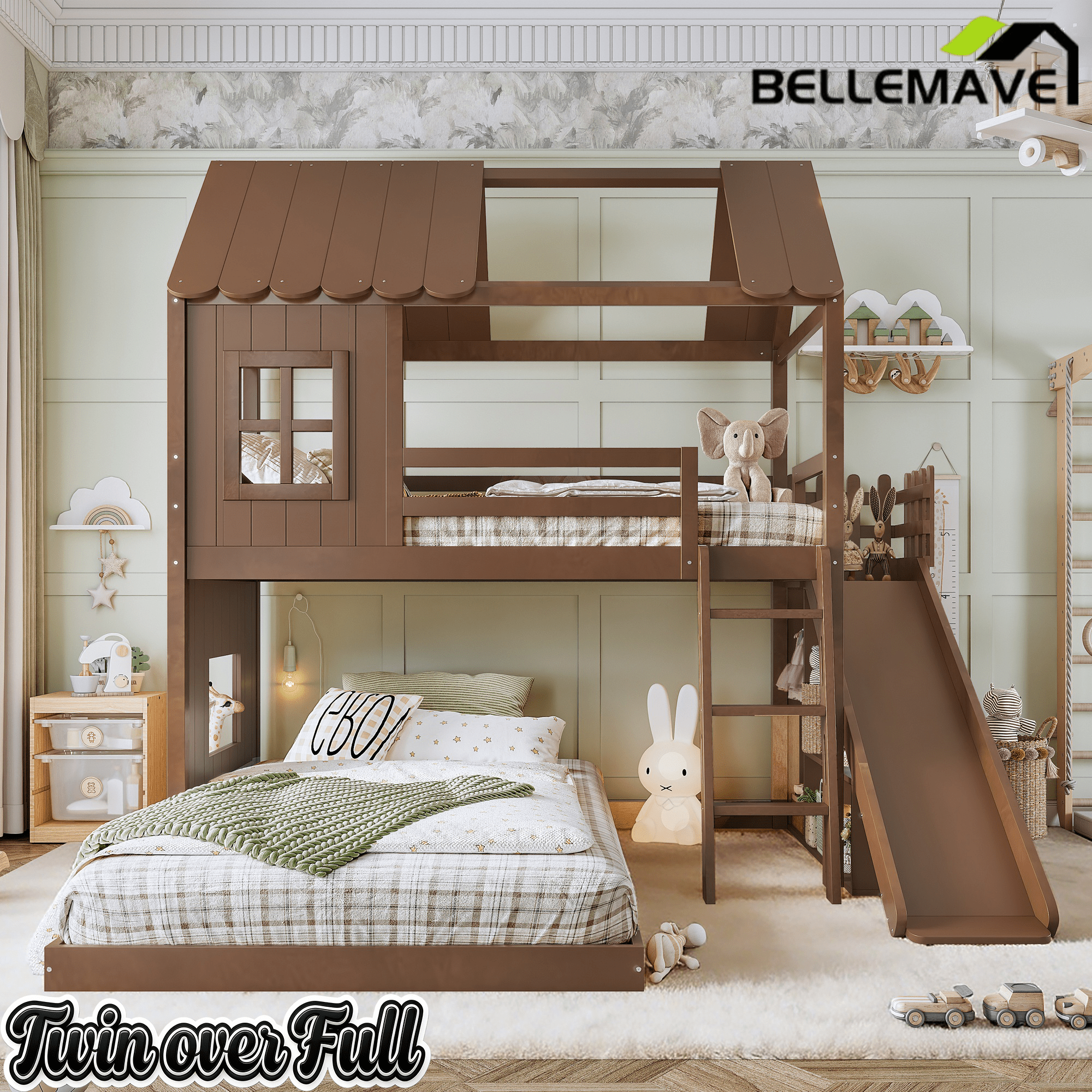 Bellemave® Bunk bed Twin Over Full with Slide,Ladders,Bookshelf & Wardrobe, House roof Design, Low bunk/loft Bed for Kids - Bellemave
