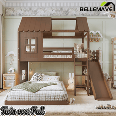 Bellemave® Bunk bed Twin Over Full with Slide,Ladders,Bookshelf & Wardrobe, House roof Design, Low bunk/loft Bed for Kids - Bellemave