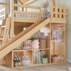 Bellemave® Bunk bed Twin Over Full with Slide,Ladders,Bookshelf & Wardrobe, House roof Design, Low bunk/loft Bed for Kids - Bellemave