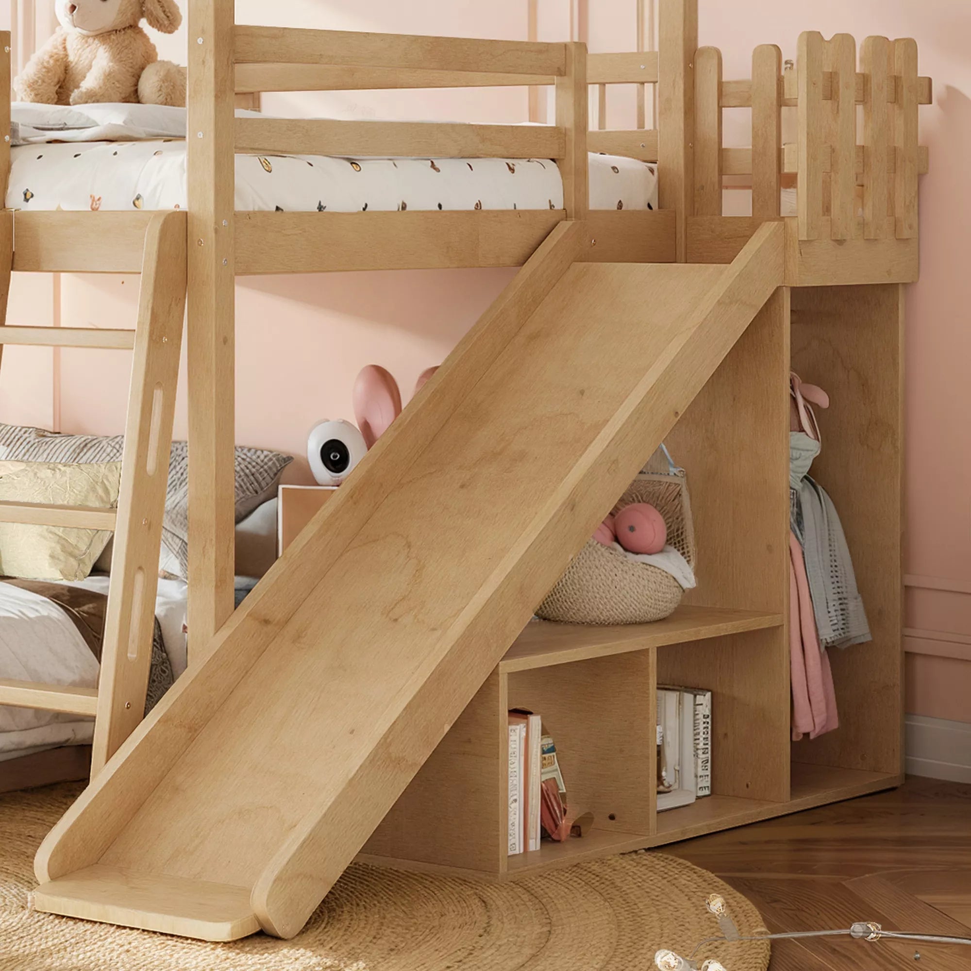 Bellemave® Bunk bed Twin Over Full with Slide,Ladders,Bookshelf & Wardrobe, House roof Design, Low bunk/loft Bed for Kids - Bellemave