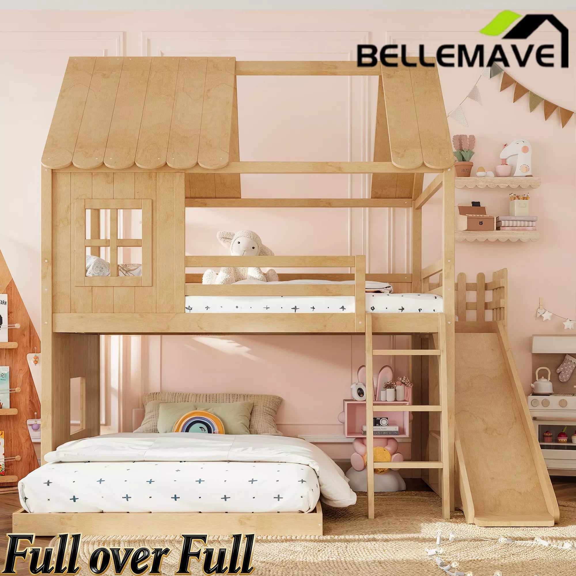 Bellemave® Bunk bed Twin Over Full with Slide,Ladders,Bookshelf & Wardrobe, House roof Design, Low bunk/loft Bed for Kids - Bellemave