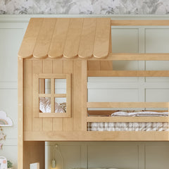 Bellemave® Bunk bed Twin Over Full with Slide,Ladders,Bookshelf & Wardrobe, House roof Design, Low bunk/loft Bed for Kids - Bellemave