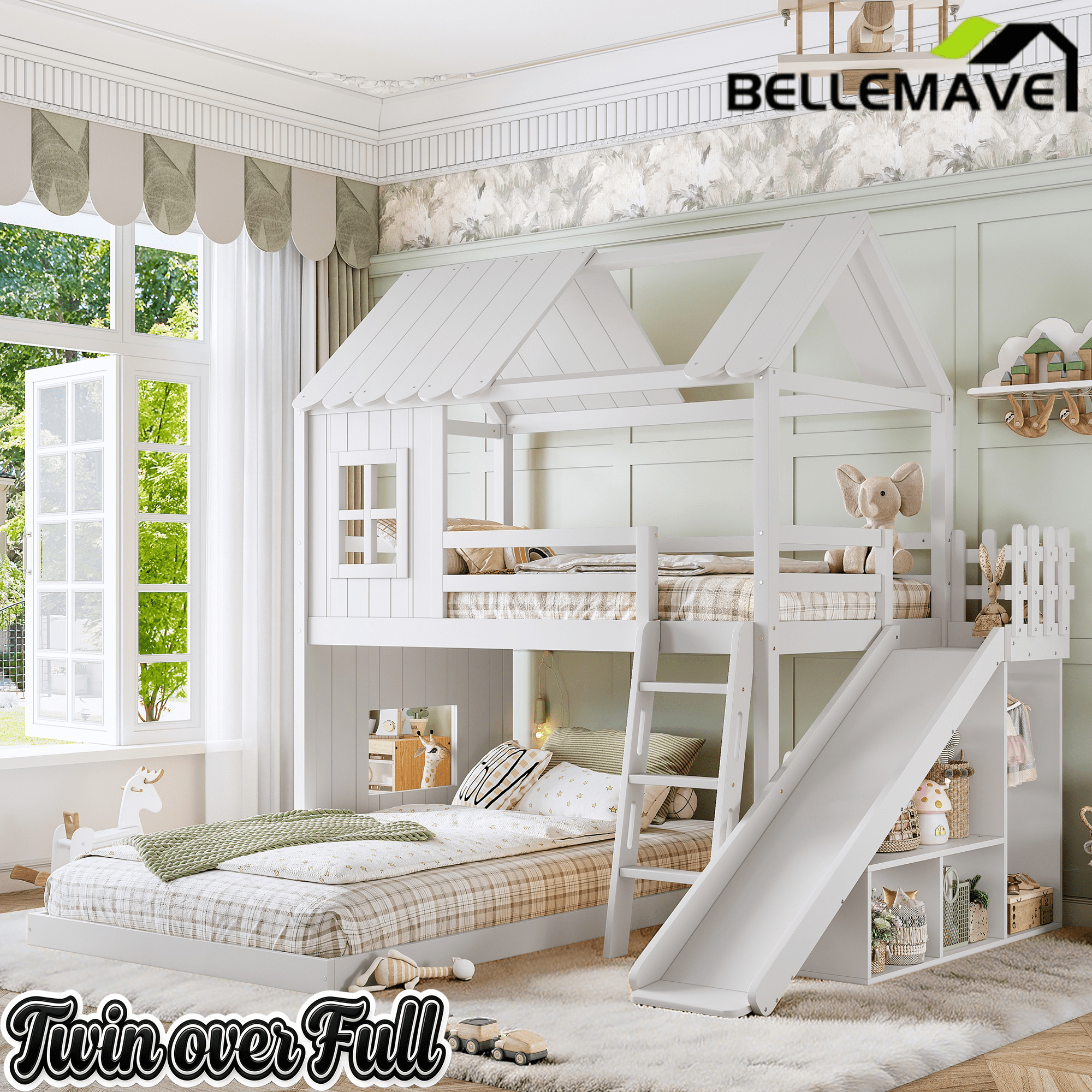 Bellemave® Bunk bed Twin Over Full with Slide,Ladders,Bookshelf & Wardrobe, House roof Design, Low bunk/loft Bed for Kids - Bellemave