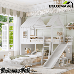 Bellemave® Bunk bed Twin Over Full with Slide,Ladders,Bookshelf & Wardrobe, House roof Design, Low bunk/loft Bed for Kids - Bellemave