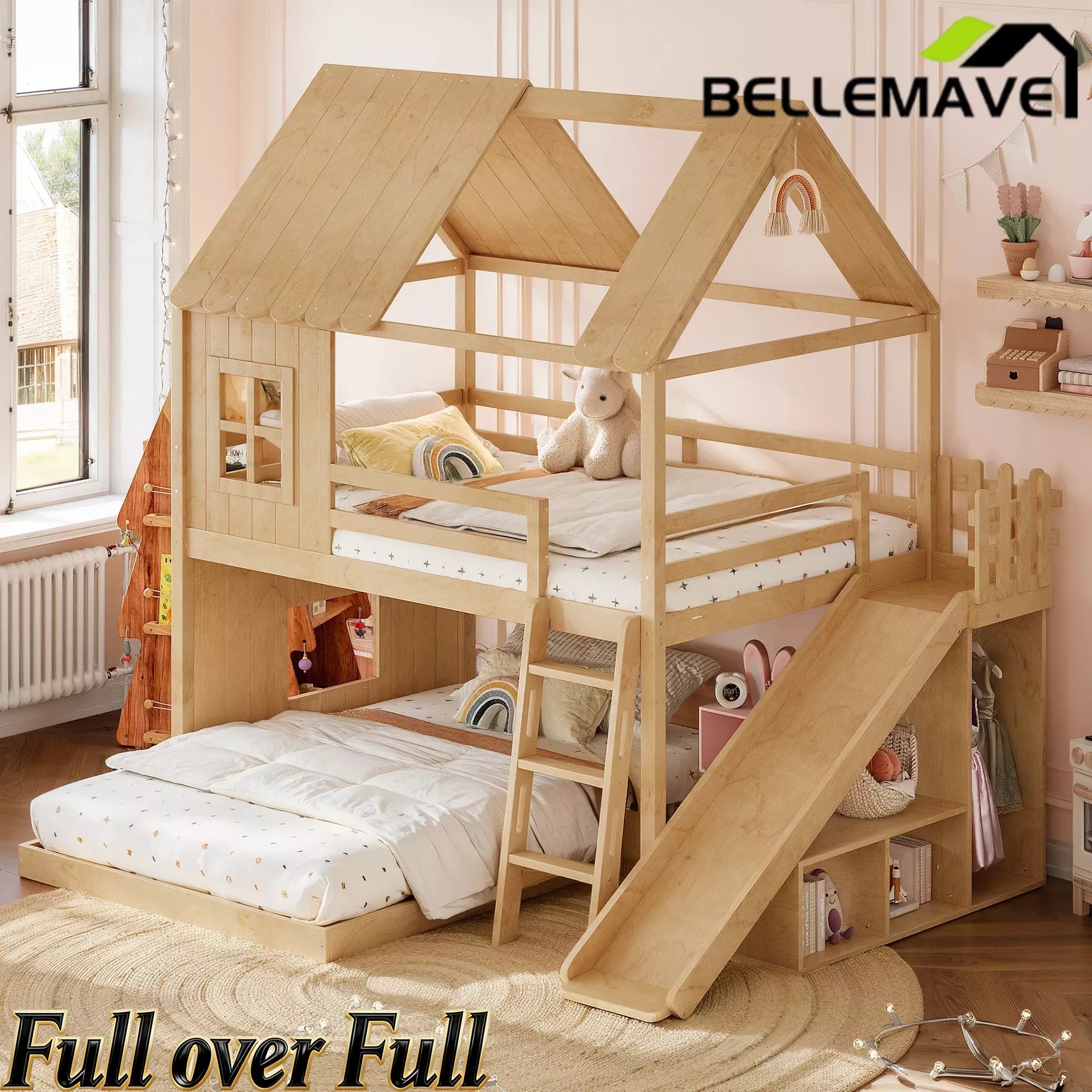 Bellemave® Bunk bed Twin Over Full with Slide,Ladders,Bookshelf & Wardrobe, House roof Design, Low bunk/loft Bed for Kids - Bellemave
