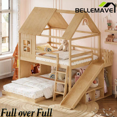 Bellemave® Bunk bed Twin Over Full with Slide,Ladders,Bookshelf & Wardrobe, House roof Design, Low bunk/loft Bed for Kids - Bellemave