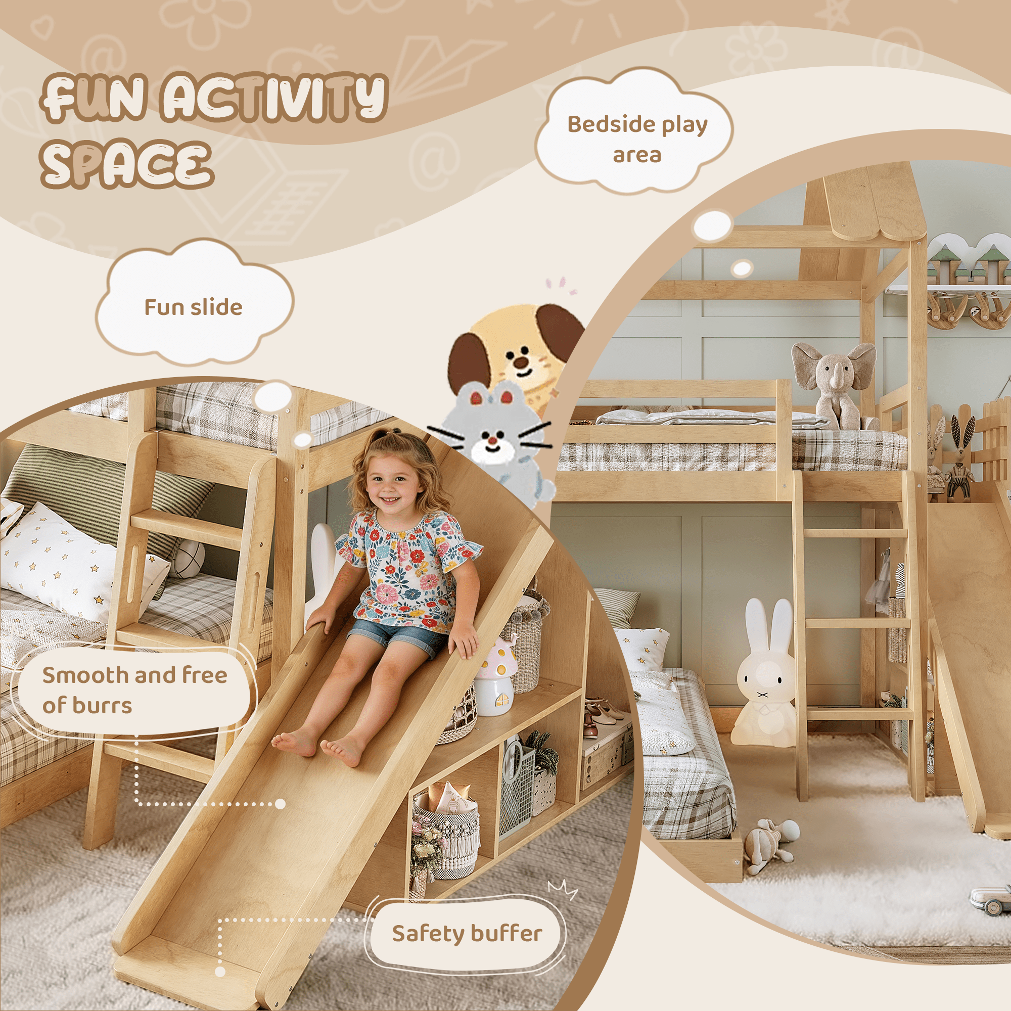 Bellemave® Bunk bed Twin Over Full with Slide,Ladders,Bookshelf & Wardrobe, House roof Design, Low bunk/loft Bed for Kids - Bellemave