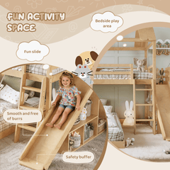 Bellemave® Bunk bed Twin Over Full with Slide,Ladders,Bookshelf & Wardrobe, House roof Design, Low bunk/loft Bed for Kids - Bellemave
