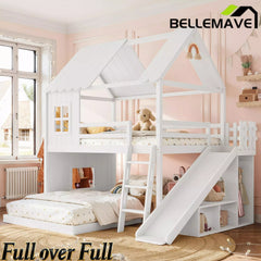 Bellemave® Bunk bed Twin Over Full with Slide,Ladders,Bookshelf & Wardrobe, House roof Design, Low bunk/loft Bed for Kids - Bellemave