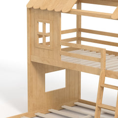 Bellemave® Bunk bed Twin Over Full with Slide,Ladders,Bookshelf & Wardrobe, House roof Design, Low bunk/loft Bed for Kids - Bellemave