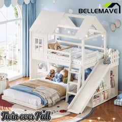 Bellemave® Bunk bed Twin Over Full with Slide,Ladders,Bookshelf & Wardrobe, House roof Design, Low bunk/loft Bed for Kids - Bellemave