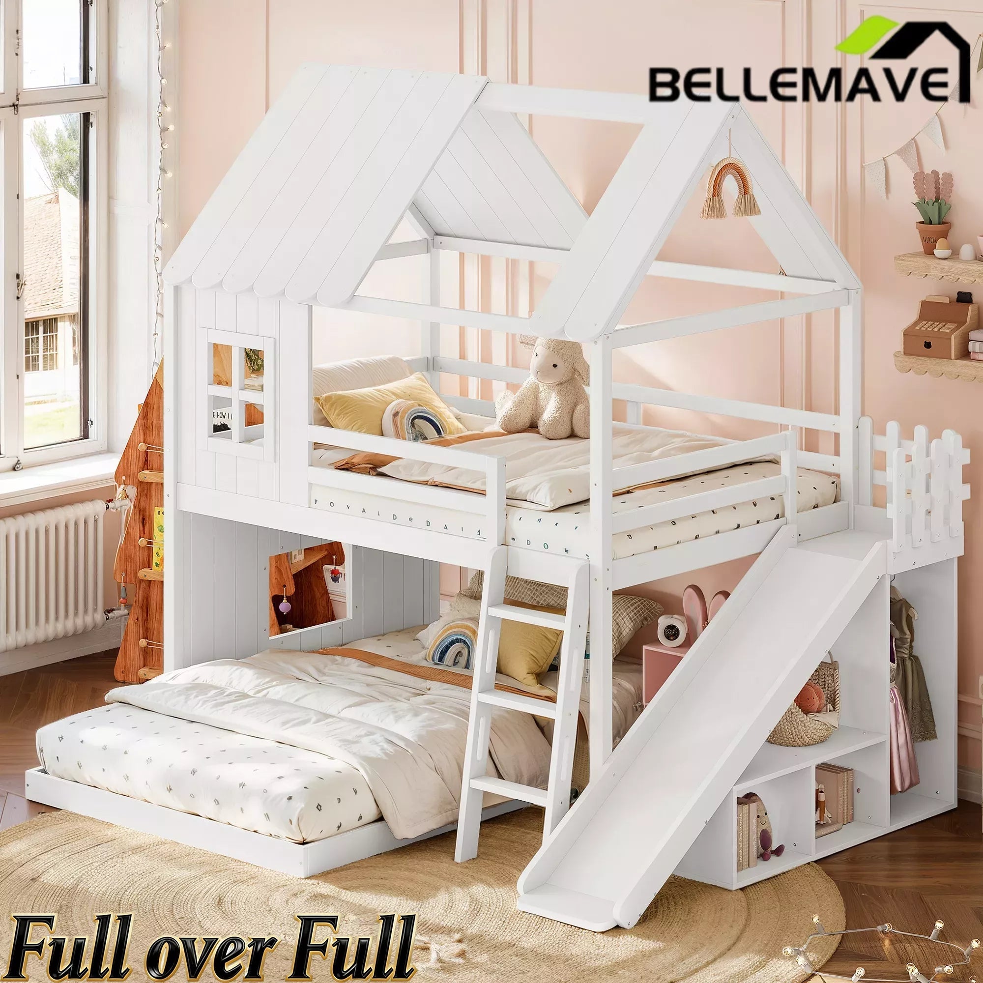 Bellemave® Bunk bed Twin Over Full with Slide,Ladders,Bookshelf & Wardrobe, House roof Design, Low bunk/loft Bed for Kids - Bellemave